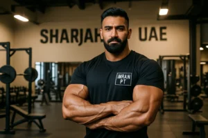 MUSCULAR MALE TRAINER POSING IN GYM IN SHARJAH UAE WEARING IMRAN PT LOGO
