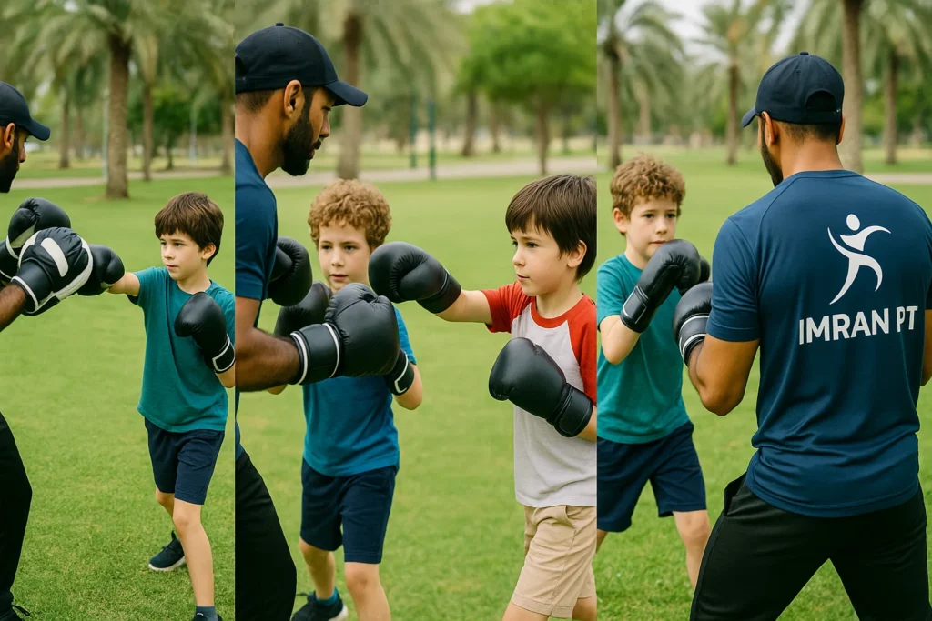 3 angles of Kids learning self-defense boxing drills in Al Mamzar, dubai garden with trainer wearing imran pt logo