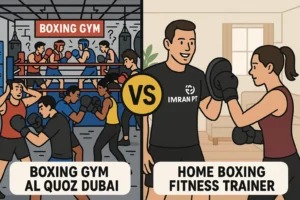 Boxing Gym Al Quoz Dubai vs Home Boxing Fitness Trainer comparison, Home trainer wearing imran pt logo and al qouz gym too busy and confusing