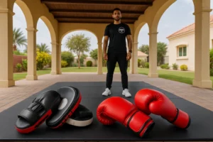 Boxing mitts and gloves on a training mat prepared for a home boxing session in al khawaneej Dubai, trainer wearing imran pt logo