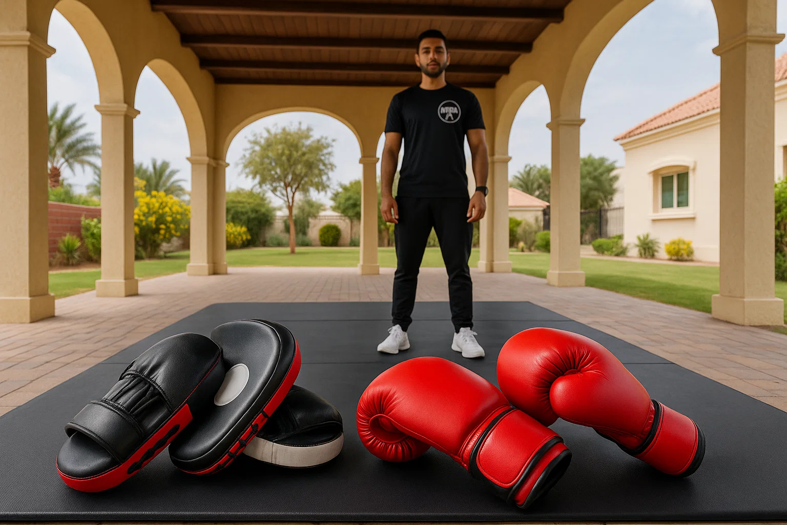 Boxing mitts and gloves on a training mat prepared for a home boxing session in al khawaneej Dubai, trainer wearing imran pt logo