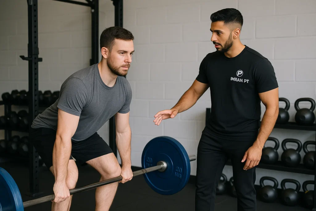 Client performing strength training exercises under Imran the fitness trainer guidance, imran wearing imran pt logo