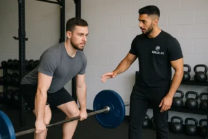 Client performing strength training exercises under Imran the fitness trainer guidance, imran wearing imran pt logo