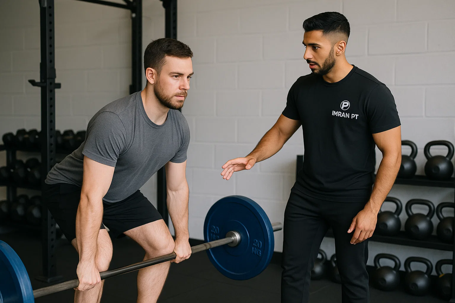 Client performing strength training exercises under Imran the fitness trainer guidance, imran wearing imran pt logo