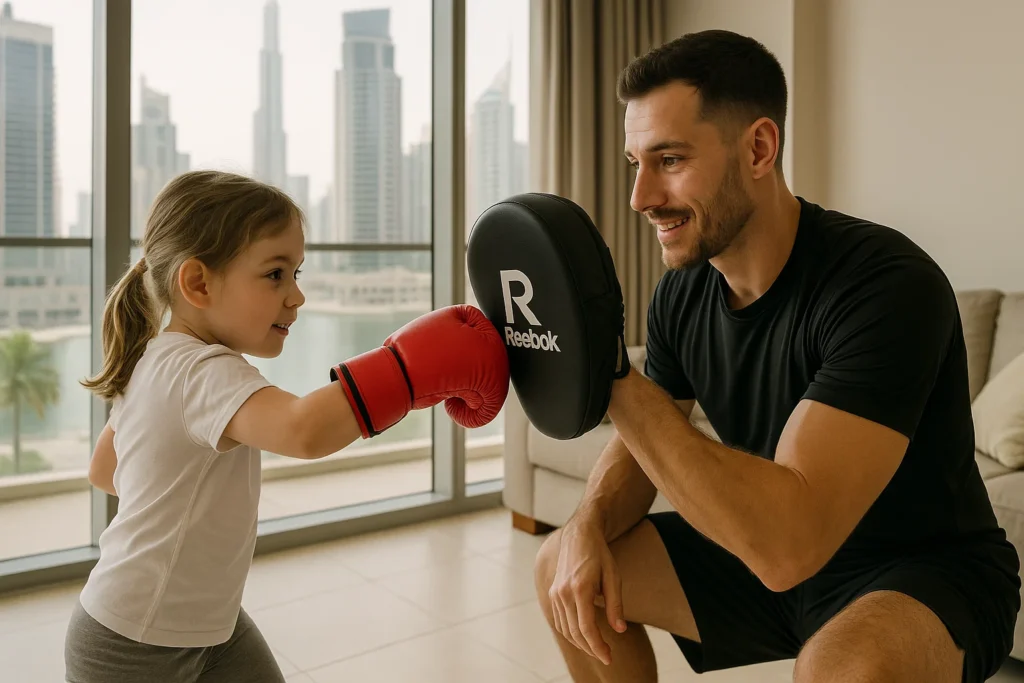 European Kid-friendly boxing pad fitness session in Dubai apartment guided by expert trainer