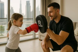 European Kid-friendly boxing pad fitness session in Dubai apartment guided by expert trainer