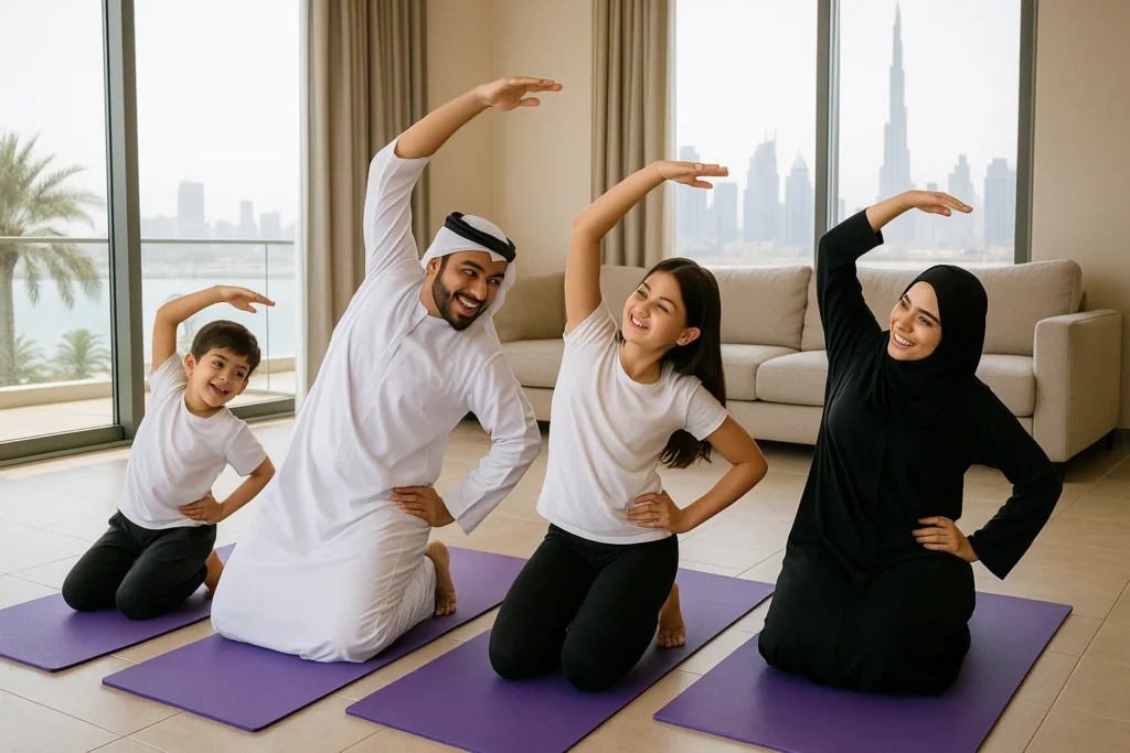 Family participating in a group workout at home in dubai