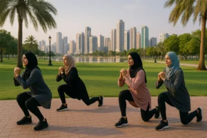 Group of ladies doing bodyweight training in Sharjah park wearing modest clothing