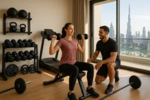 Home gym setup with essential fitness equipment in a Dubai residence WITH FEMALE CLIENT AND MALE TRAINER, Benefits of Hiring a Home Personal Trainer