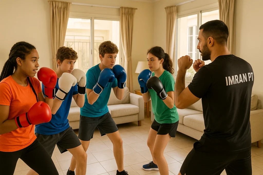 Imran PT training a family in Al Mamzar home gym setting