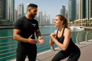 Personal Trainer in Dubai Marina coaching client on Marina Walk, Trainer wearing imran pt logo