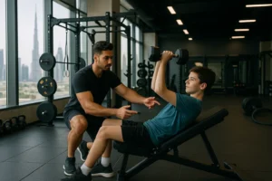 Personal trainer guiding a 14-year-old through a workout routine in a dubai fitness centre