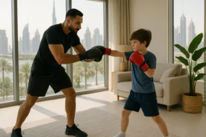 Personal trainer guiding boy through boxing basics in dubai home