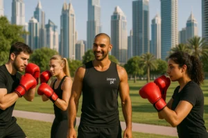 Personal trainer in Bay Avenue Park, Business Bay Dubai training with a ggroup doing boxing fitness while wearing a imran pt logo on vest