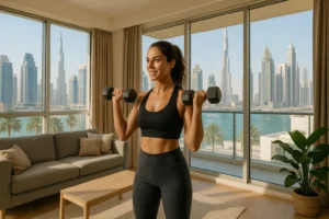Woman doing home workout with dumbbells in Dubai apartment