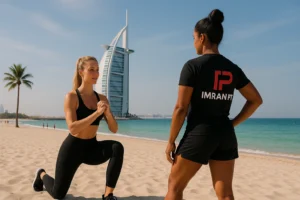 female fitness session on Jumeirah Beach, personal trainer wearing imran pt logo, on sunny day in jumeirah dubai