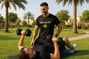 male fitness trainer delivering personal training in Arabian Ranches community park wearing imran pt logo top