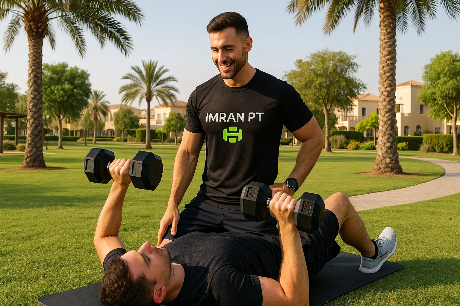 male fitness trainer delivering personal training in Arabian Ranches community park wearing imran pt logo top