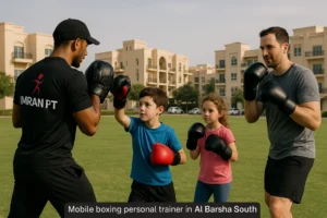 mobile boxing personal trainer in Al Barsha South wearing imran pt logo training kids and father